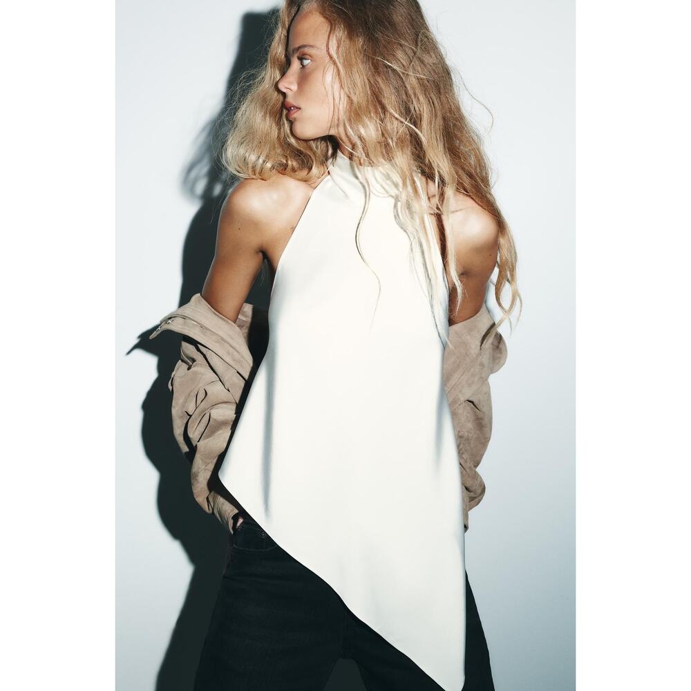 Zara White Asymmetric Satin Halter Top Size XXL Open Back 4772/137 Sexy Party - Picture 2 of 14